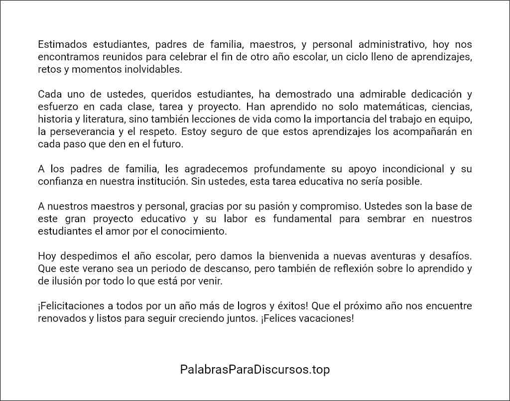 ejemplo de Discurso de fin de año escolar para primaria 